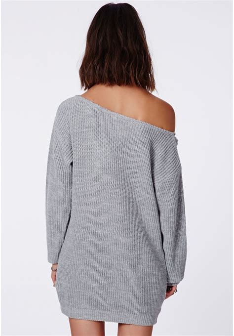 Missguided Ayvan Off Shoulder Knitted Sweater Dress Grey 44