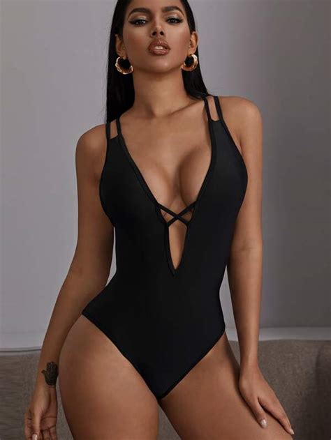 Criss Cross Plunge One Piece Swimsuit Shein Usa