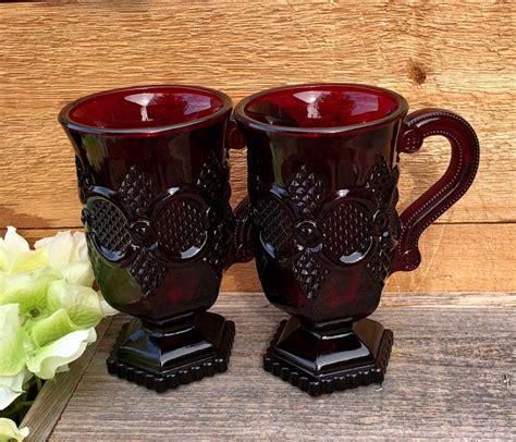 Avon Ruby Red Cape Cod Footed Pedestal Mugs With Handle Set Of 2 Etsy