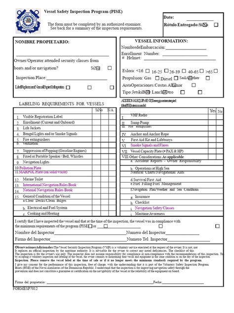 vessel inspection form  fires fuse electrical