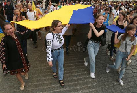 Ukrainian Refugees Celebrating Ukraine Independence Day At Rally And