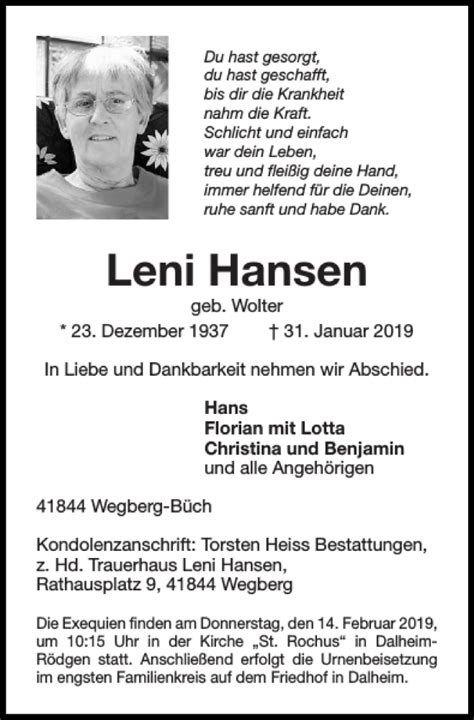 Traueranzeigen Von Leni Hansen Aachen Gedenkt