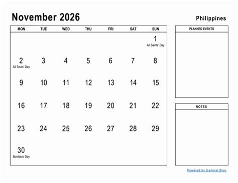 november  planner  philippines holidays monday start