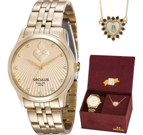 Kit De Reloj Dorado Seculus Sacred Heart Para Mujer Con Collar