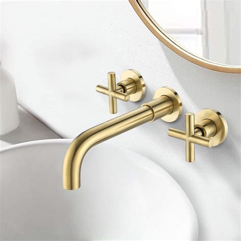 Brushed Gold Wall Mount Bathroom Faucet Two Cross Handles Solid Brass Construction Bed Bath