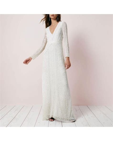 River Island Cream Sequin Long Sleeve Maxi Dress In Natural Lyst