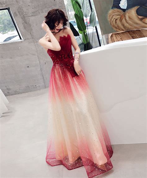 Burgundy Tulle Sequin Long Prom Dress Tulle Evening Dress Shopluu