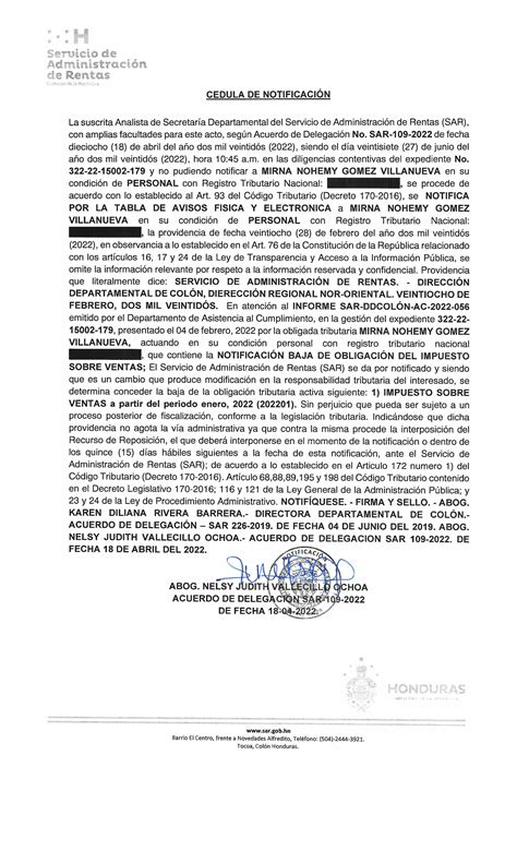 Notificar a MIRNA NOHEMY GOMEZ VILLANUEVA en su condición Personal. - SAR