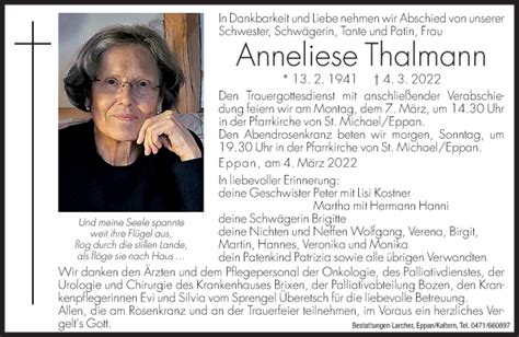 Traueranzeigen Von Anneliese Thalmann Trauer Bz