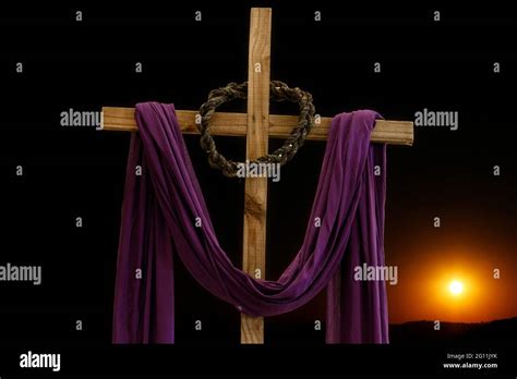 Wooden Cross With Crown Of Thorns And Purple Fabric Catholic Symbols