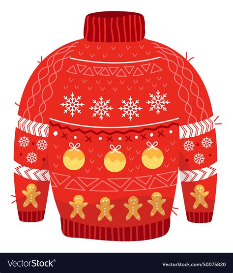 Cozy Red Christmas Sweater With Festive Patterns Vector Image