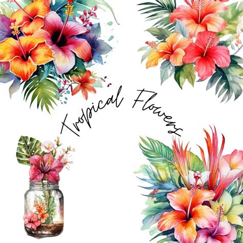 Watercolor Tropical Flowers Clip Art, Summer Floral, Wedding Clip Art, PNG, Instant Download for ...