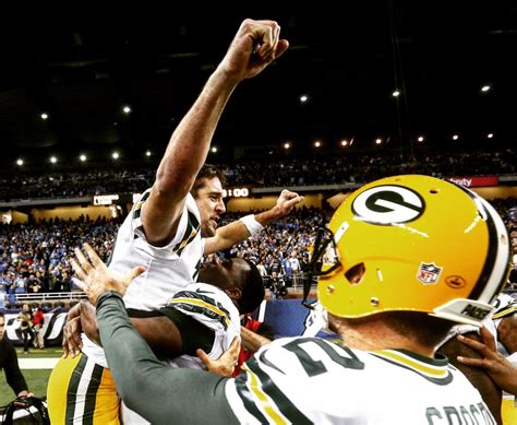 Aaron Rodgers Celebrates His Winning Hail Mary Pass To Beat The Detroit