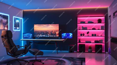 Premium Photo | A living room with a pink led tv and a large monitor ...