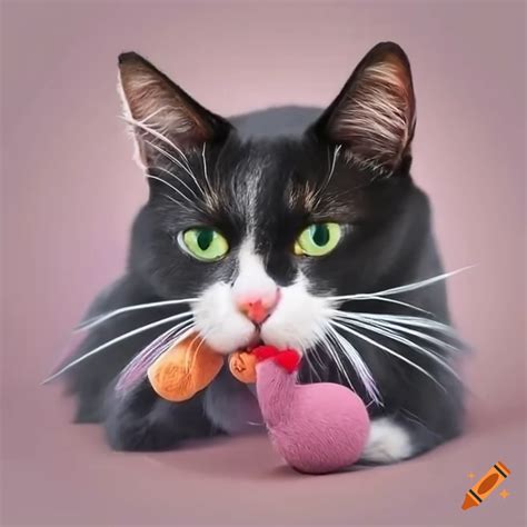 Tuxedo Cat Playing With A Toy