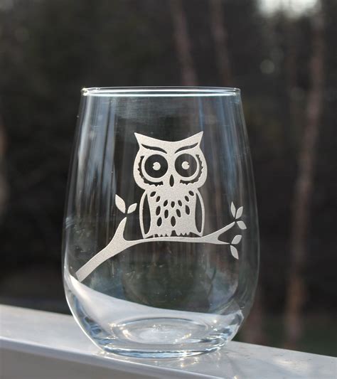 Custom Etched Wine Glass Stemless Wine Glasses Owl Wine Etsy Etched Wine Glass Etched Wine