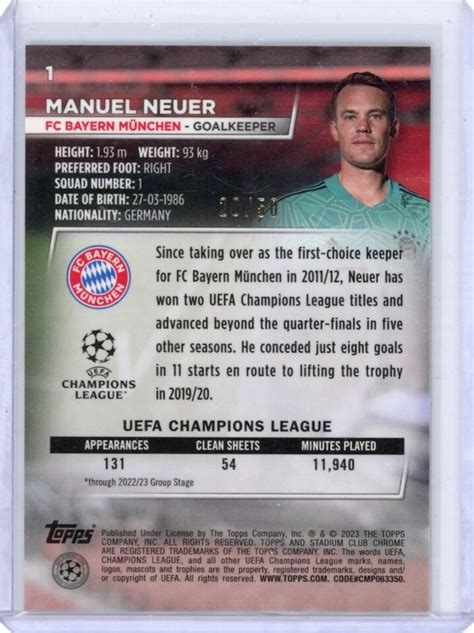 Manuel Neuer 2022 23 Topps Stadium Club Chrome Gold Prism Refractor 50