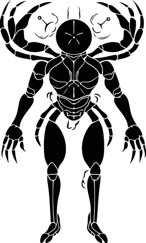 A striking black silhouette of a humanoid figure with crab-like ...