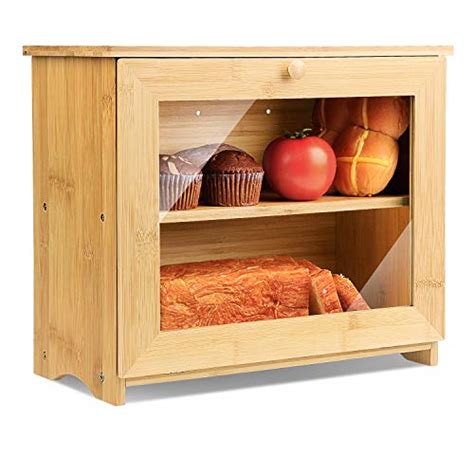 Homekoko Bamboo Double Layer Regular Bread Box Natural Bamboo Bread Boxes For Kitchen Counter