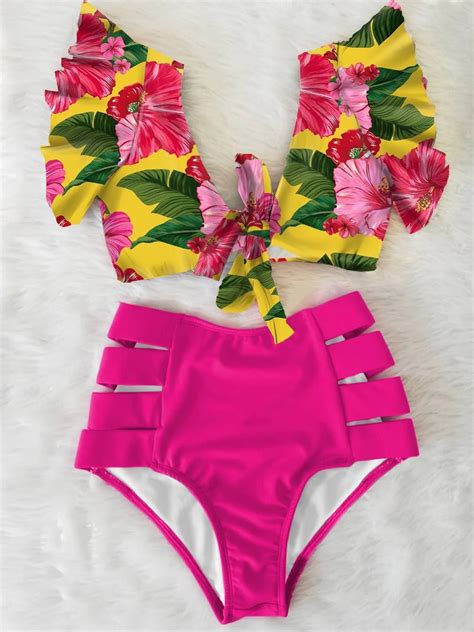 Womens Two Piece Swimsuits High Waisted Floral High Waisted Bikini Set Floral Aliexpress