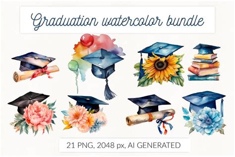 Watercolor Graduation Cap With Diploma Flowers Bundle Png