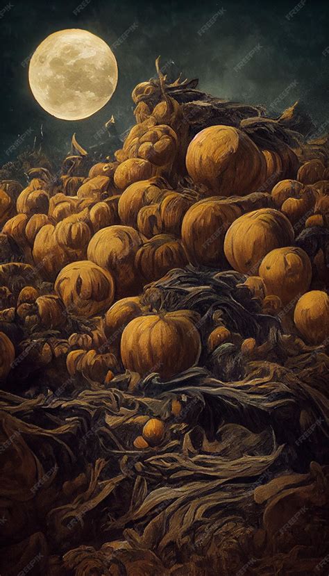 Premium AI Image | A painting of pumpkins in a field with a sky in the ...