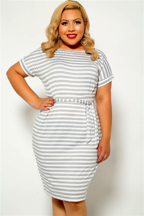 Grey White Striped Plus Size Dress Women Of Edm