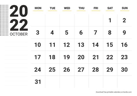 October 2022 Printable Calendar Templates For Free In Pdf Bordio