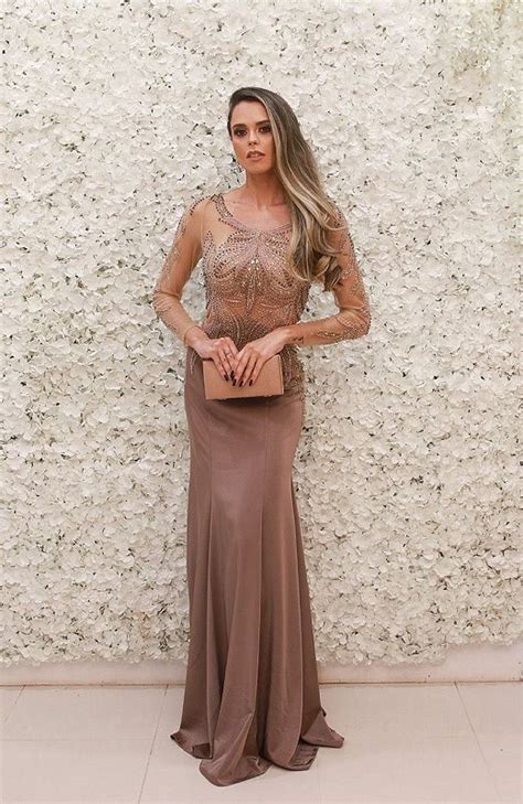 Bazar Vestido Capuccino Nude Em Pedraria Manga Longa Sereia Closet Das