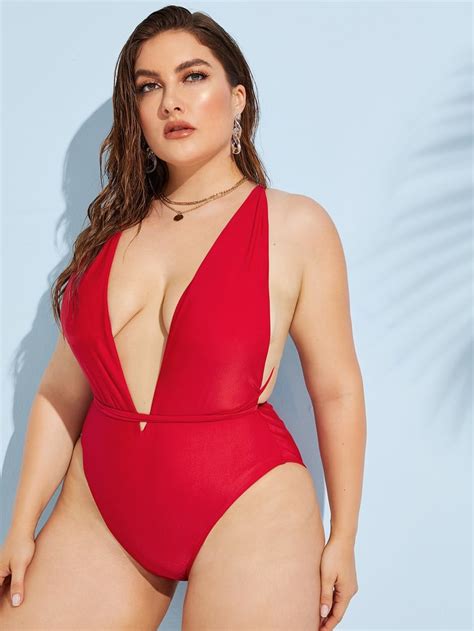 Shein Criss Cross Back Plunge One Piece Jennifer Lopez Red One Piece