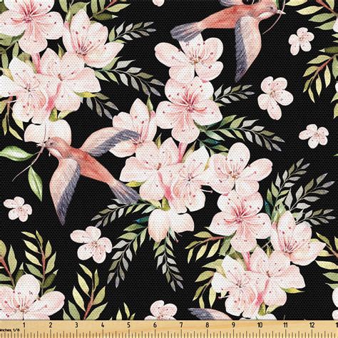 Ambesonne Floral Fabric By The Yard Birds Eucalyptus Leaves Art