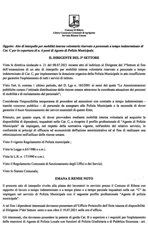 Ribera Atto Di Interpello Del Sindaco Ai Dipendenti Per Sei Posti Di