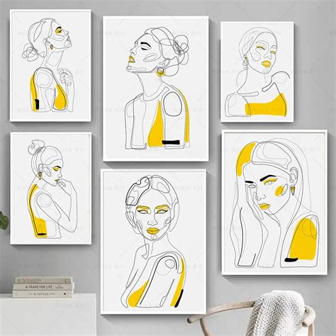 Sexy Female Body Naked Nude Canvas Painting Line Art Poster Woman Yellow Prints Abstract Wall