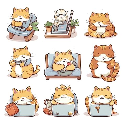 Premium Ai Image Set Of Sticker Cute Cartoon Cats Doing Various