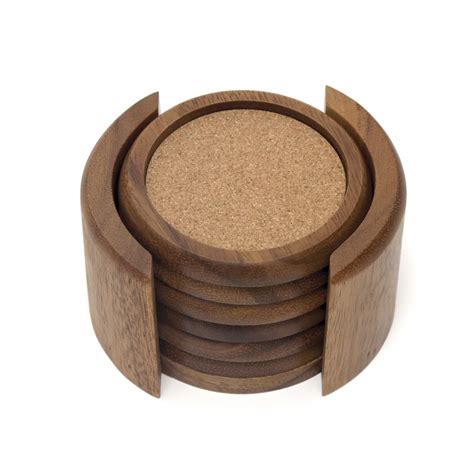 Acacia Round Coaster Set With Cork 7 Piece Set Lipper International