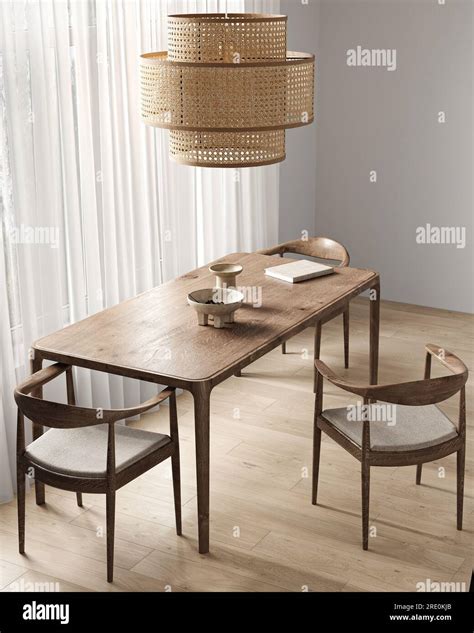 Wooden Beige Diningroom Interior With Dining Table Lamp And Chairs