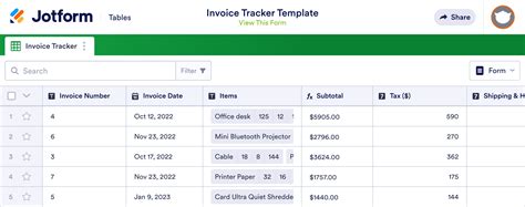 Invoice Tracker Template | Jotform Tables