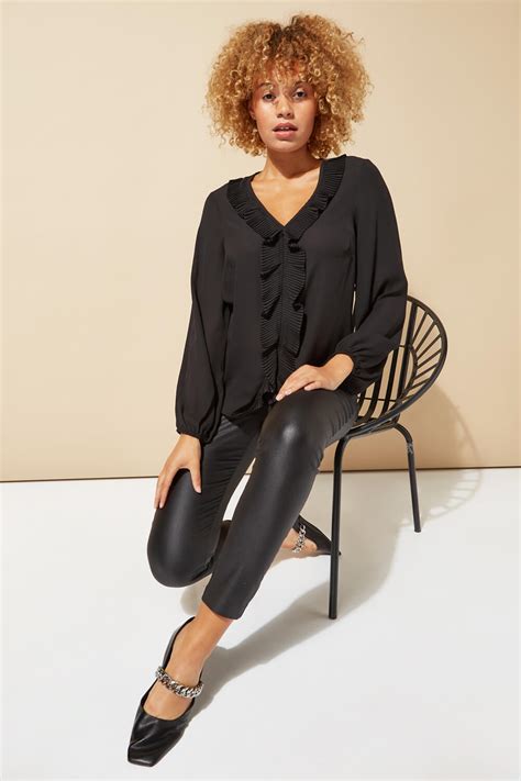 Long Sleeve Ruffle Front V Neck Blouse In Black Roman Originals Uk