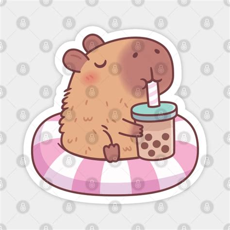 Cute Capybara On Pool Float Drinking Bubble Tea Cute Capybara