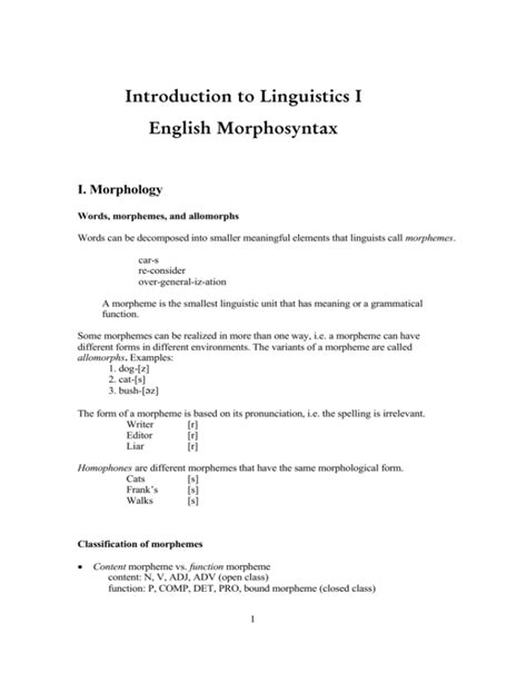 Introduction to Linguistics I English Morphosyntax