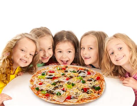 Happy kids with big pizza stock photo. Image of looking - 37053220