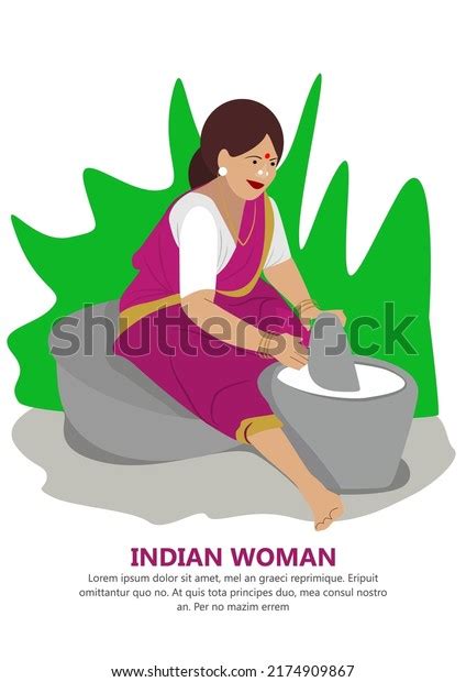 South Indian Woman Powdering Spices Big Stock Vector Royalty Free