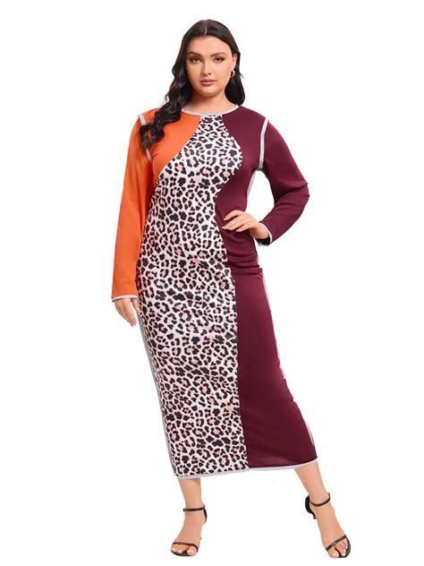 Plus Size Women S Long Sleeved Leopard Print Waistband Fitting Dress