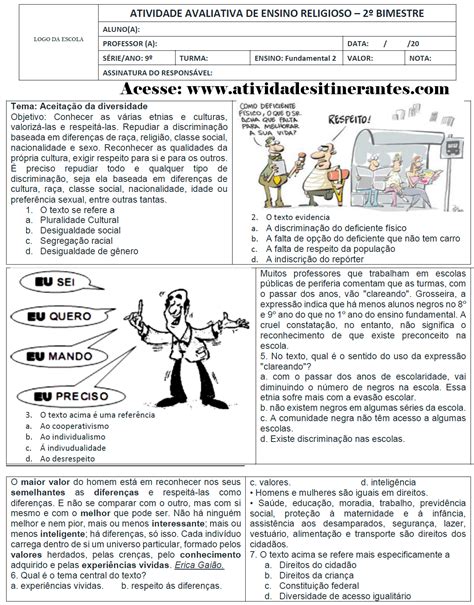 Blog Atividades Itinerantes Avaliação Bimestral De Ensino Religioso