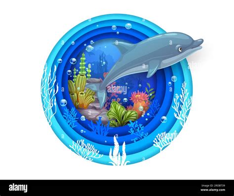 Cartoon Dolphin And Sea Paper Cut Underwater Landscape Vector Papercut