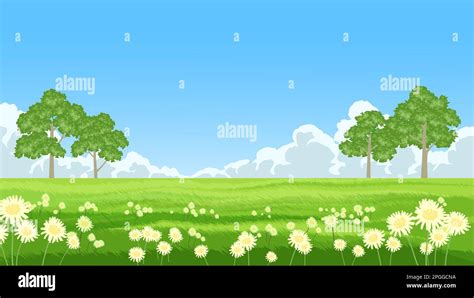 Vector Summer Landscape With Flowers And Trees In Meadow Stock Vector Image And Art Alamy