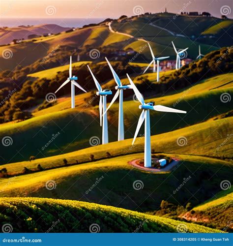 Wind Turbines On Green Hills Scenery Renewable Eco Friendly Wind