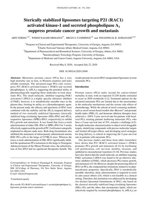 Pdf Sterically Stabilized Liposomes Targeting P21 Rac1 Activated