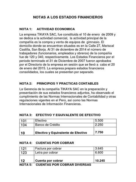 Notas A Los Estados Financieros Estado Financiero Servicios Economía