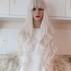 Platinum Blonde Lace Front Wig Human Hair Blend With Bangs Etsy